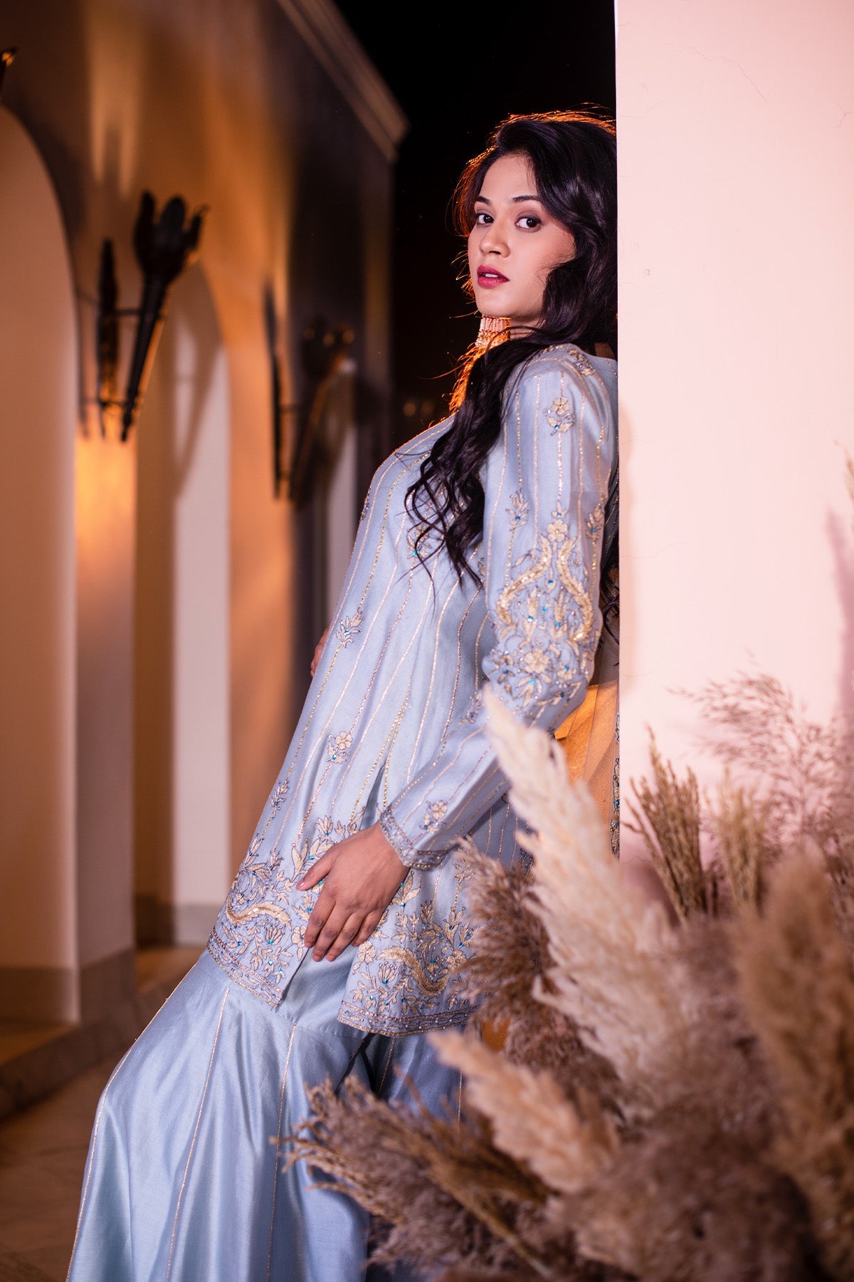 Pigeon Blue Kurti Gharara Set