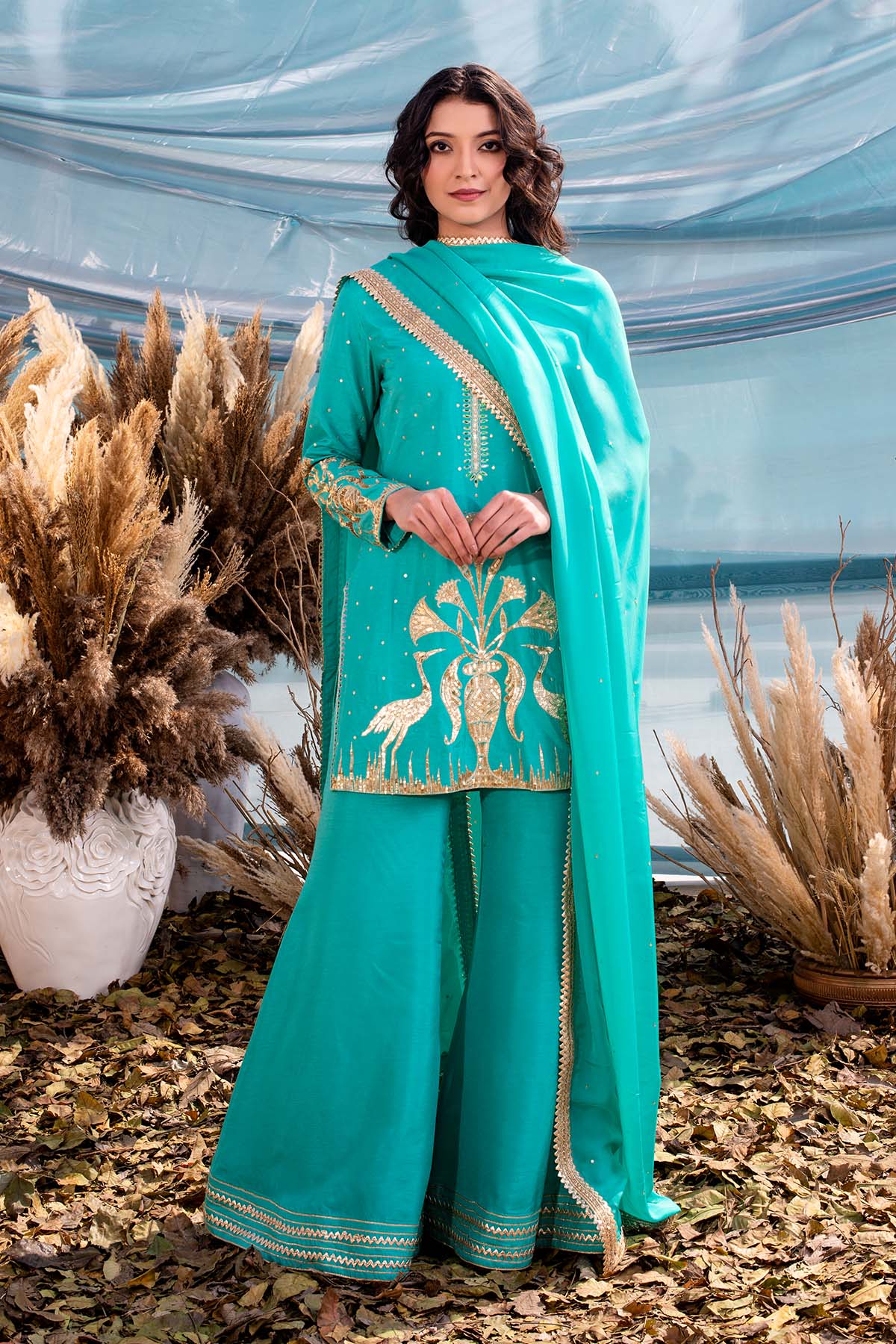 our exquisite Turquoise Blue Chanderi Kurti set