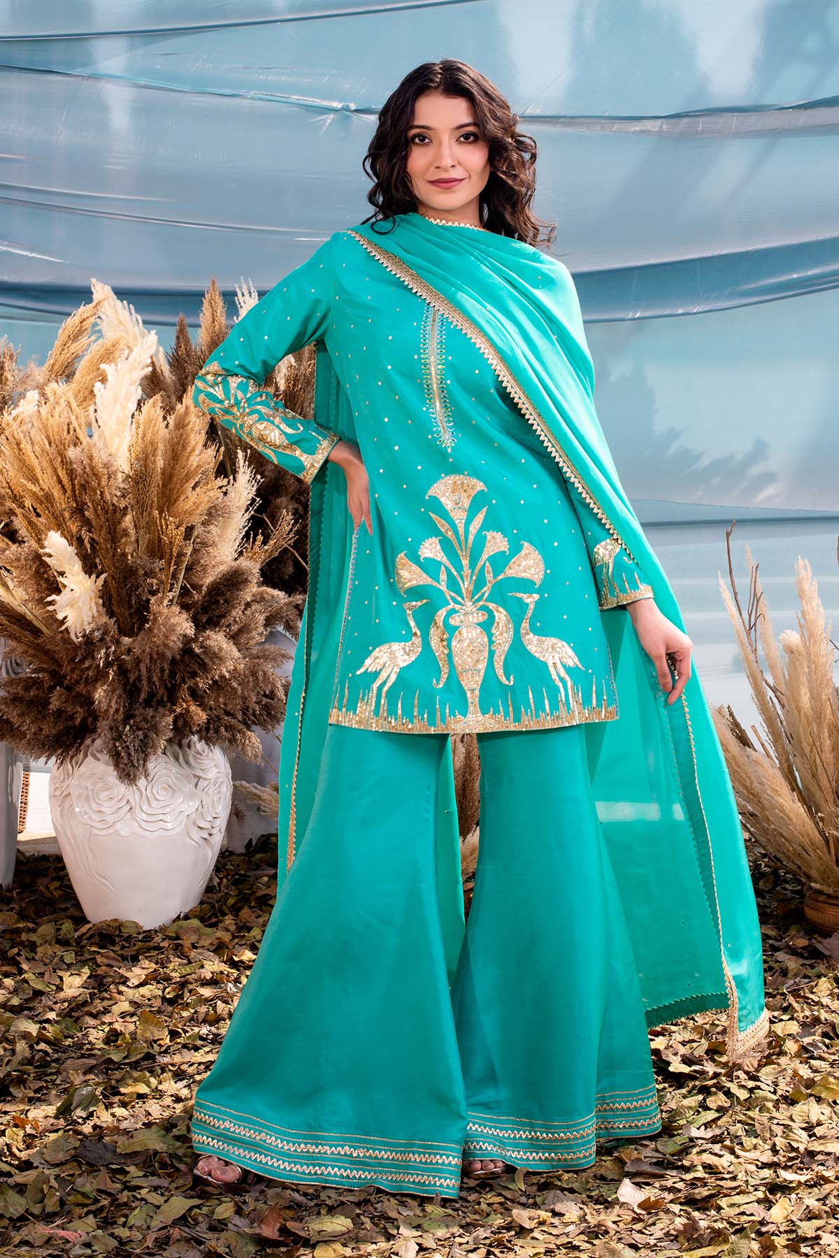 our exquisite Turquoise Blue Chanderi Kurti set