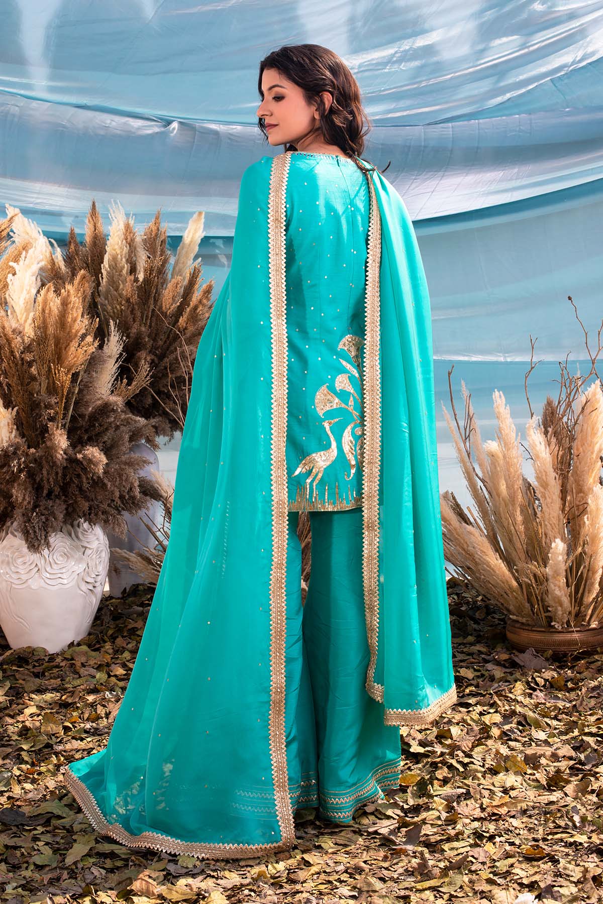 our exquisite Turquoise Blue Chanderi Kurti set