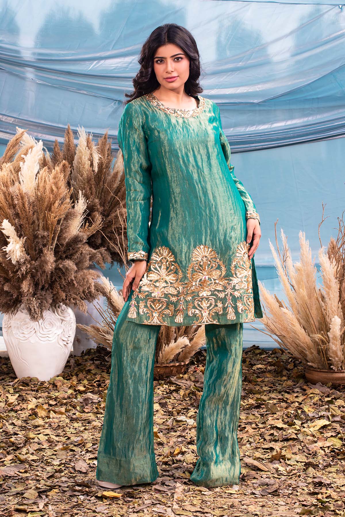 our Caribbean Turquoise silk tissue kurti set