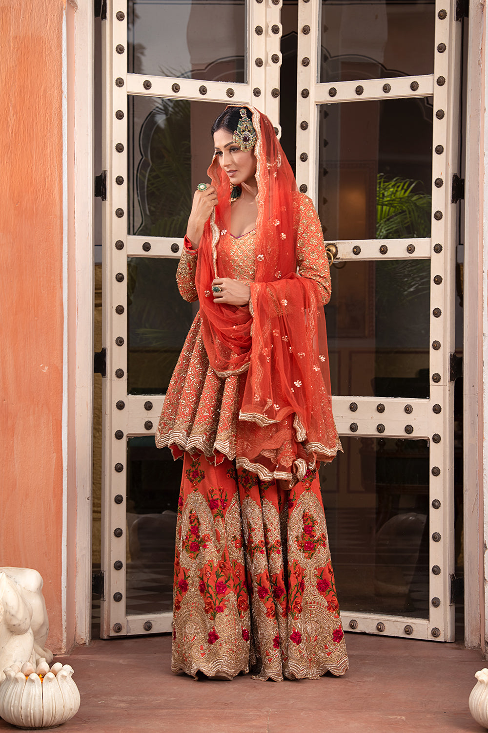 Rust Silk Short Anarkali Sharara Set