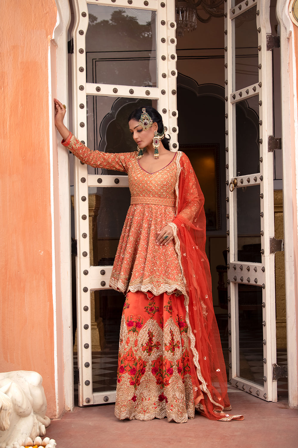 Rust Silk Short Anarkali Sharara Set