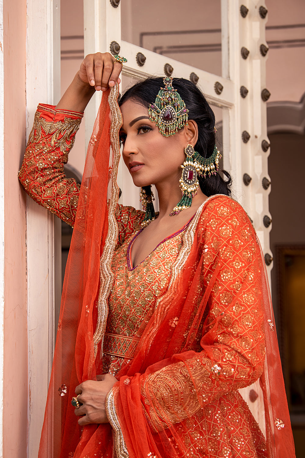 Rust Silk Short Anarkali Sharara Set