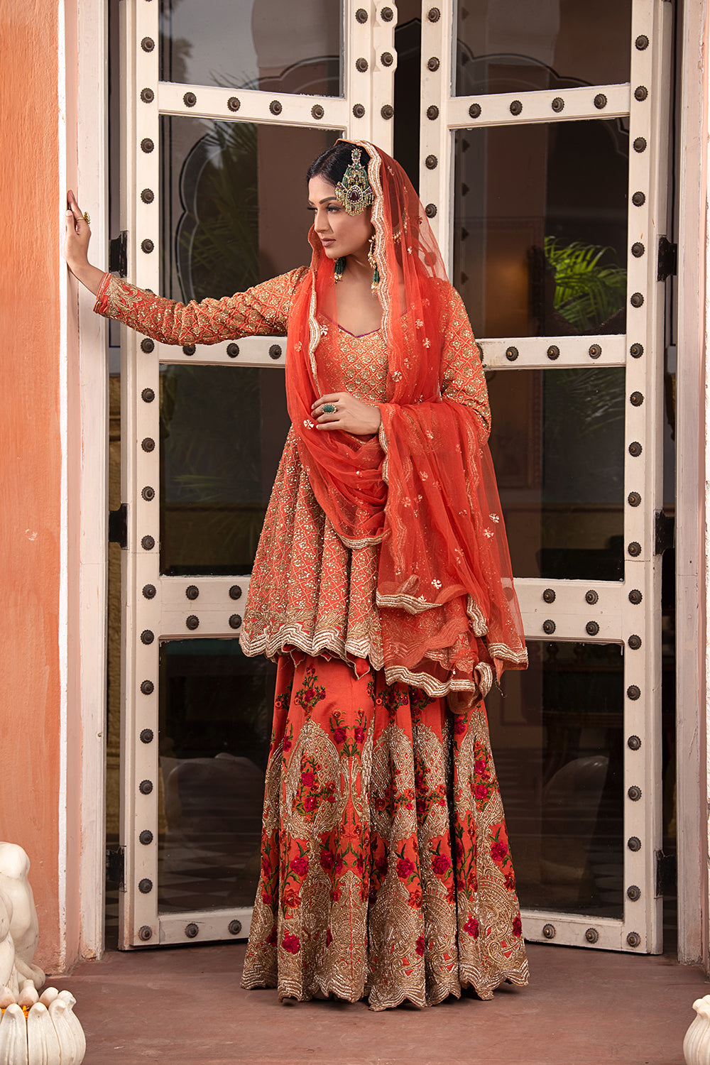 Rust Silk Short Anarkali Sharara Set