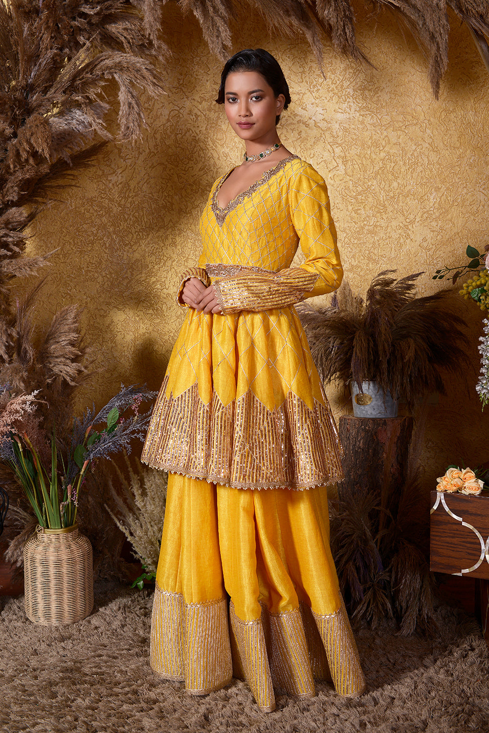 Yellow Kasab Silk Gotta Peplum Sharara Set.