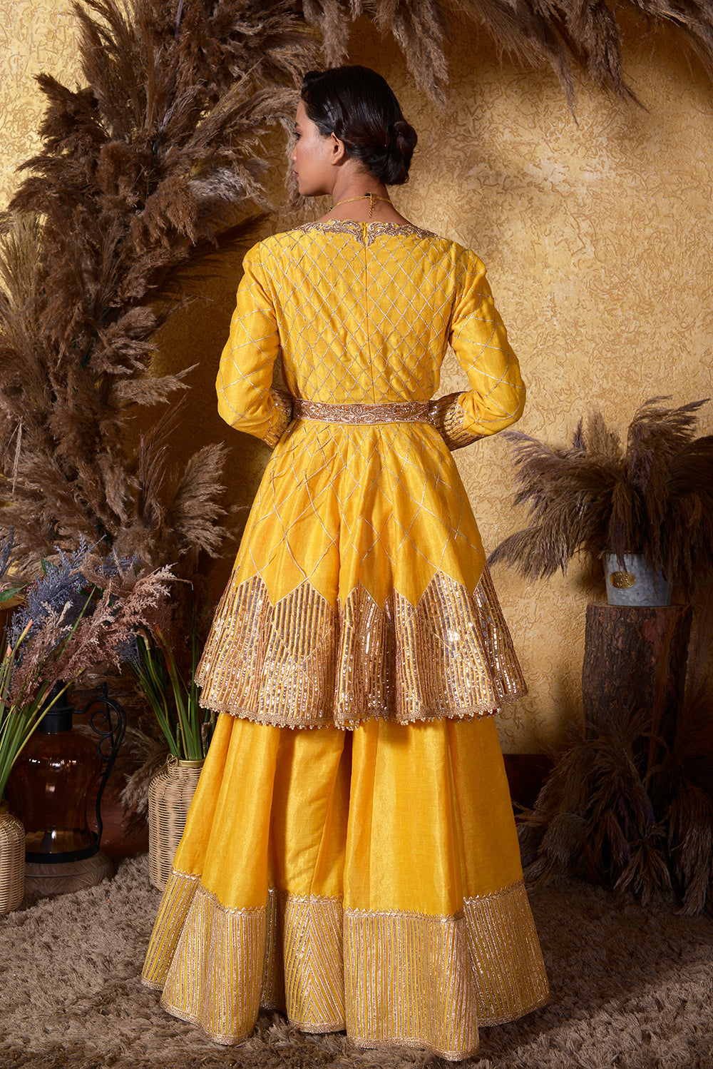 Yellow Kasab Silk Gotta Peplum Sharara Set.