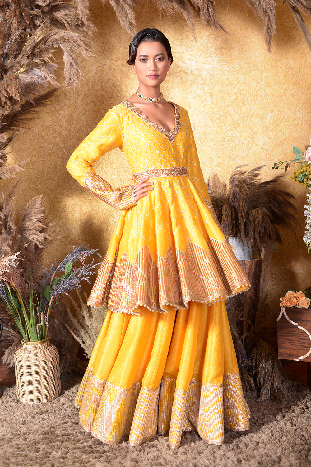 Yellow Kasab Silk Gotta Peplum Sharara Set.