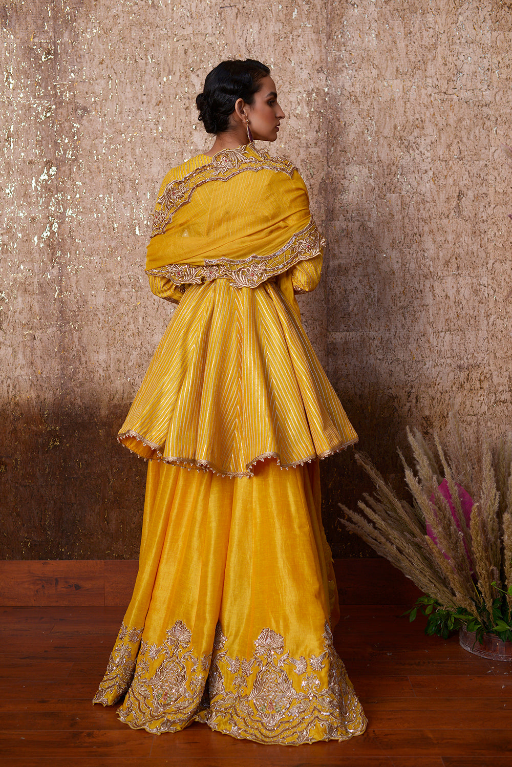 Yellow Silk Peplum Sharara Set