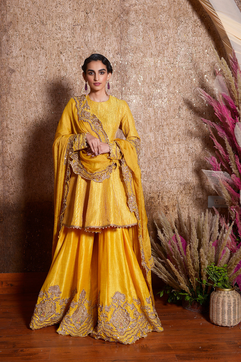 Yellow Silk Peplum Sharara Set