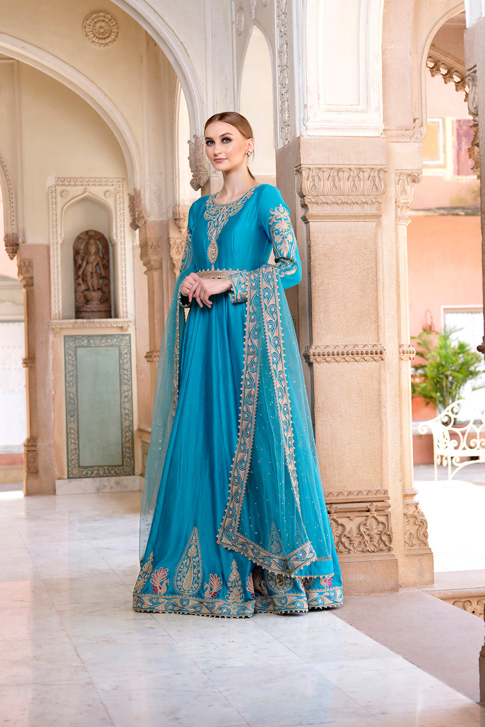 Our Firozi Chanderi Silk Anarkali.