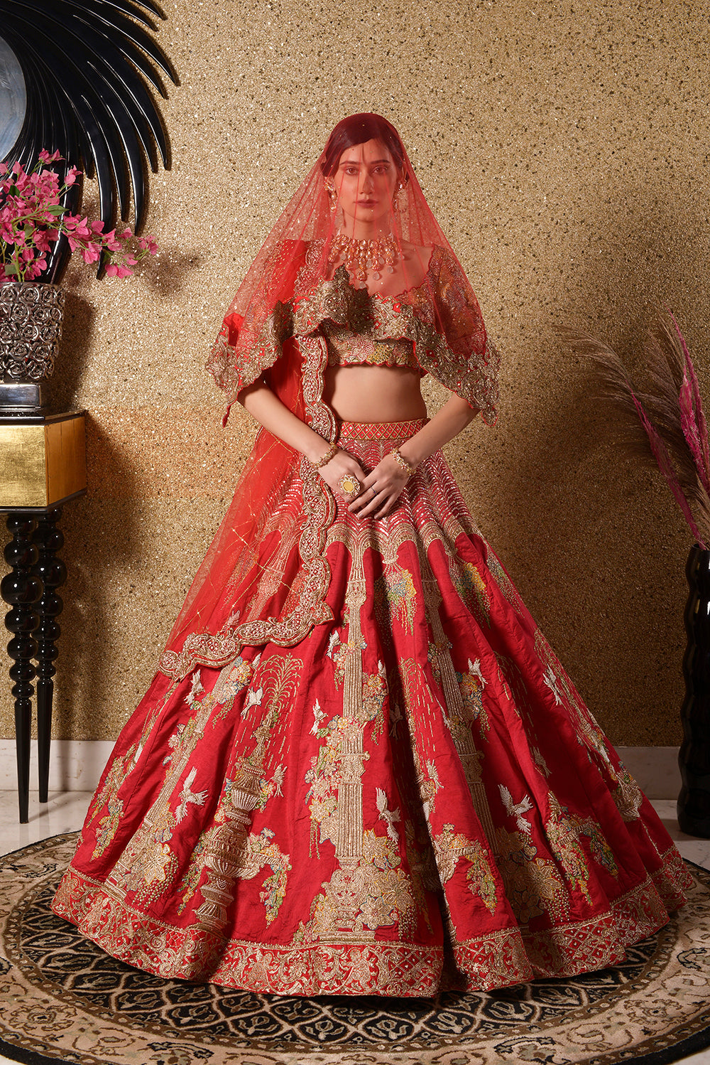 Deep Red Fountain Lehenga