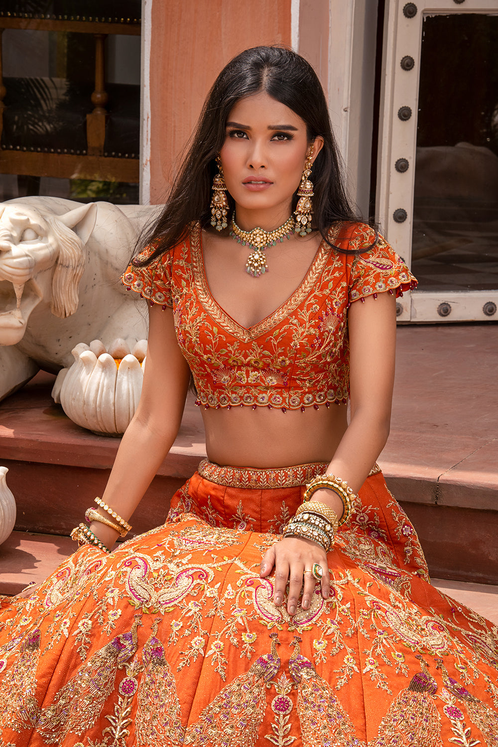 A Rust Vintage Tulle Lehenga