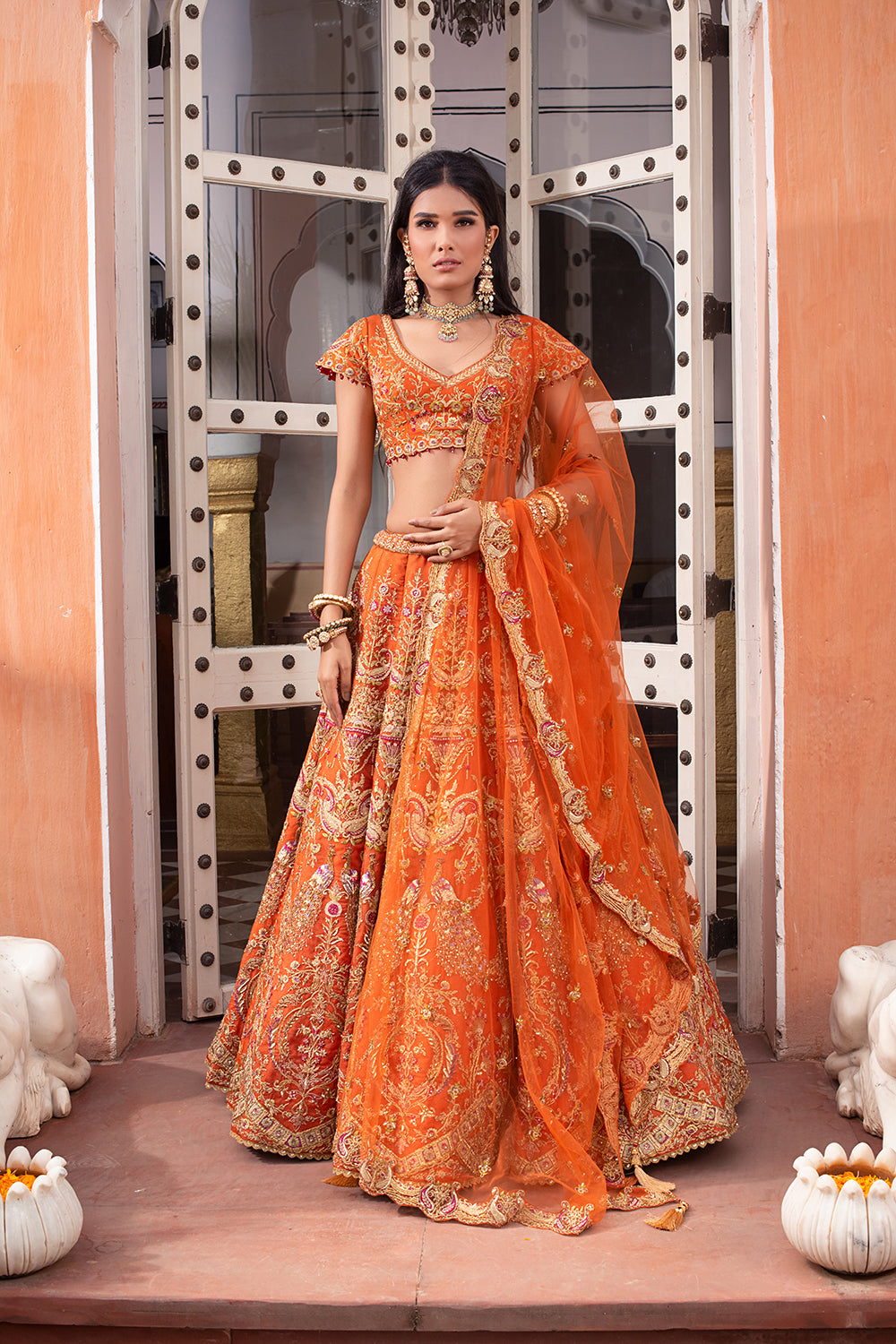 A Rust Vintage Tulle Lehenga