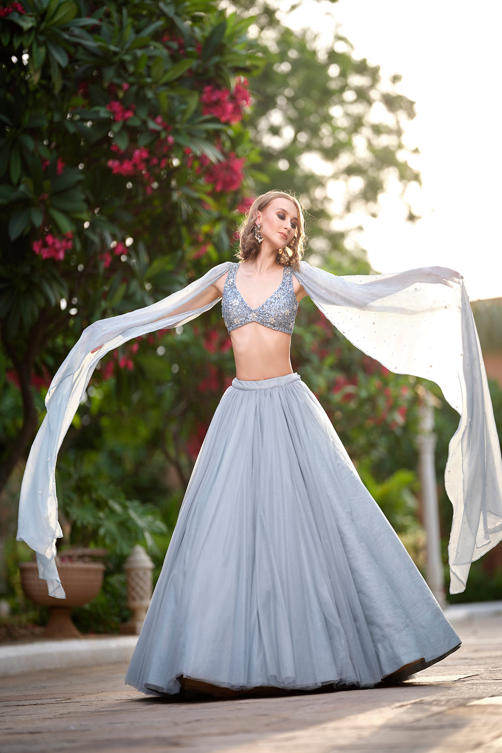 A Grey Lilac Shimmer Tulle Lehenga