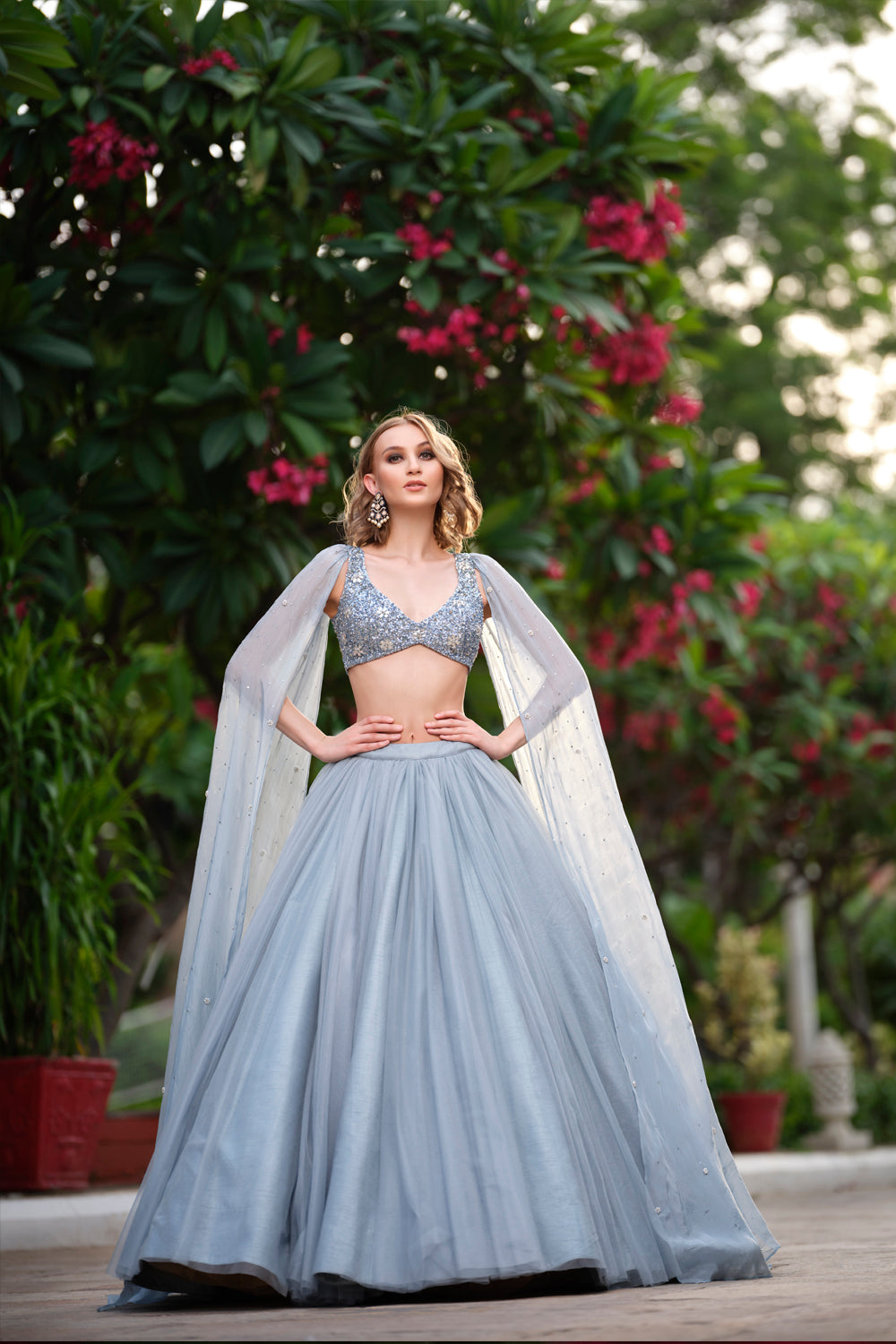 A Grey Lilac Shimmer Tulle Lehenga