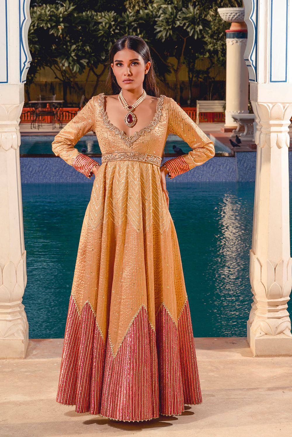 Our Kasab Silk Amber Gold And Maroon Anarkali