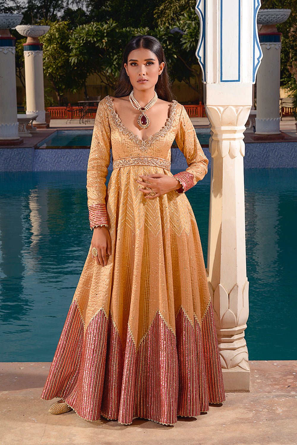 Our Kasab Silk Amber Gold And Maroon Anarkali