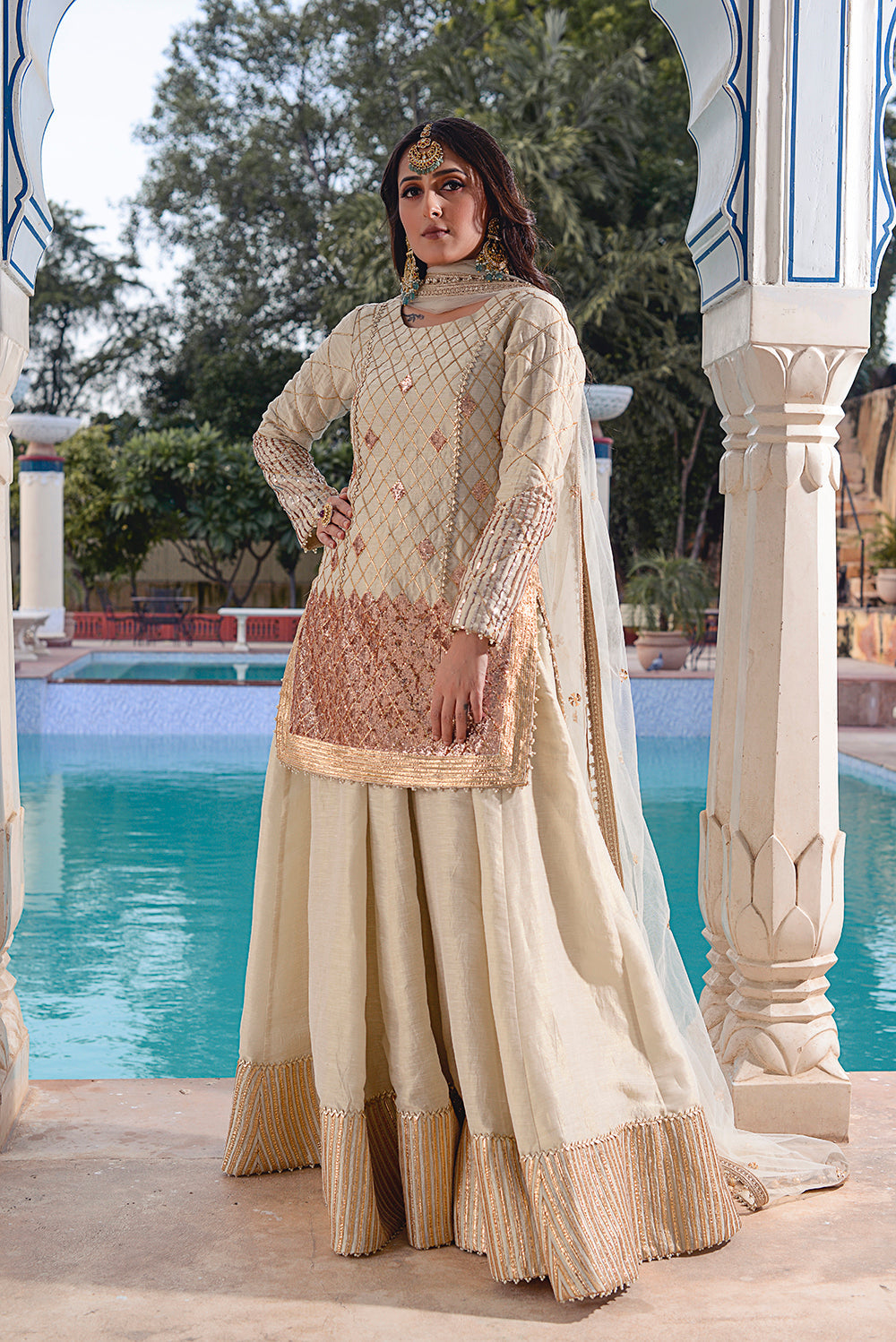 Ivory Kasab Silk Sharara Set.