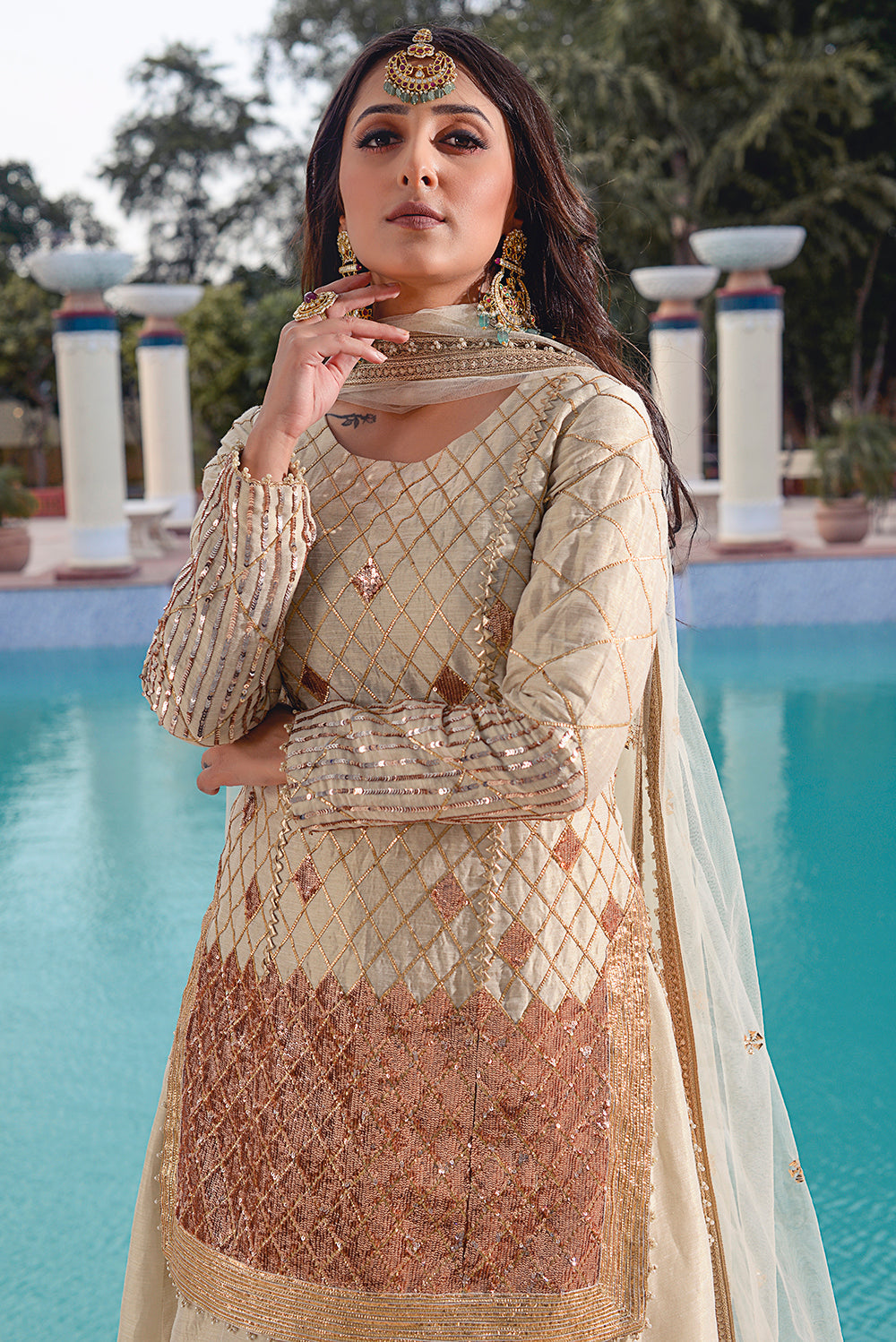 Ivory Kasab Silk Sharara Set.