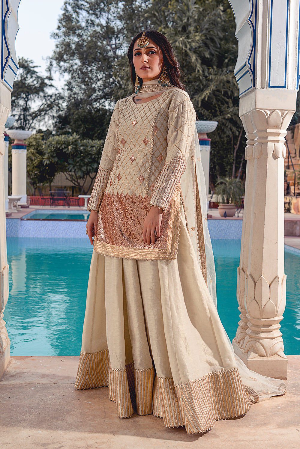 Ivory Kasab Silk Sharara Set.