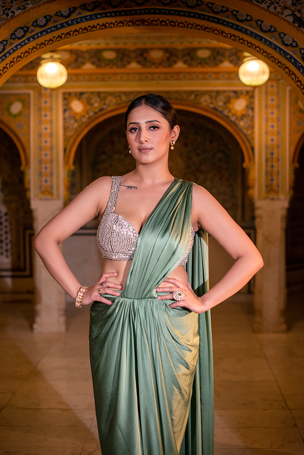 Fern Green Satin Silk Drape Saree.