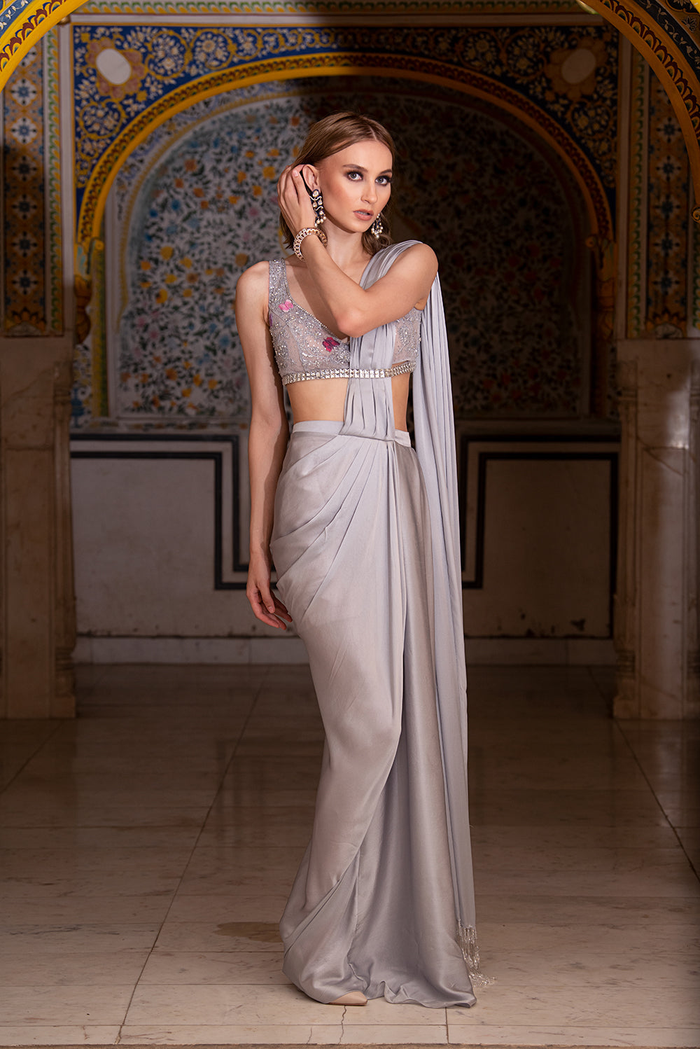 Light Grey Satin Silk Drape Saree