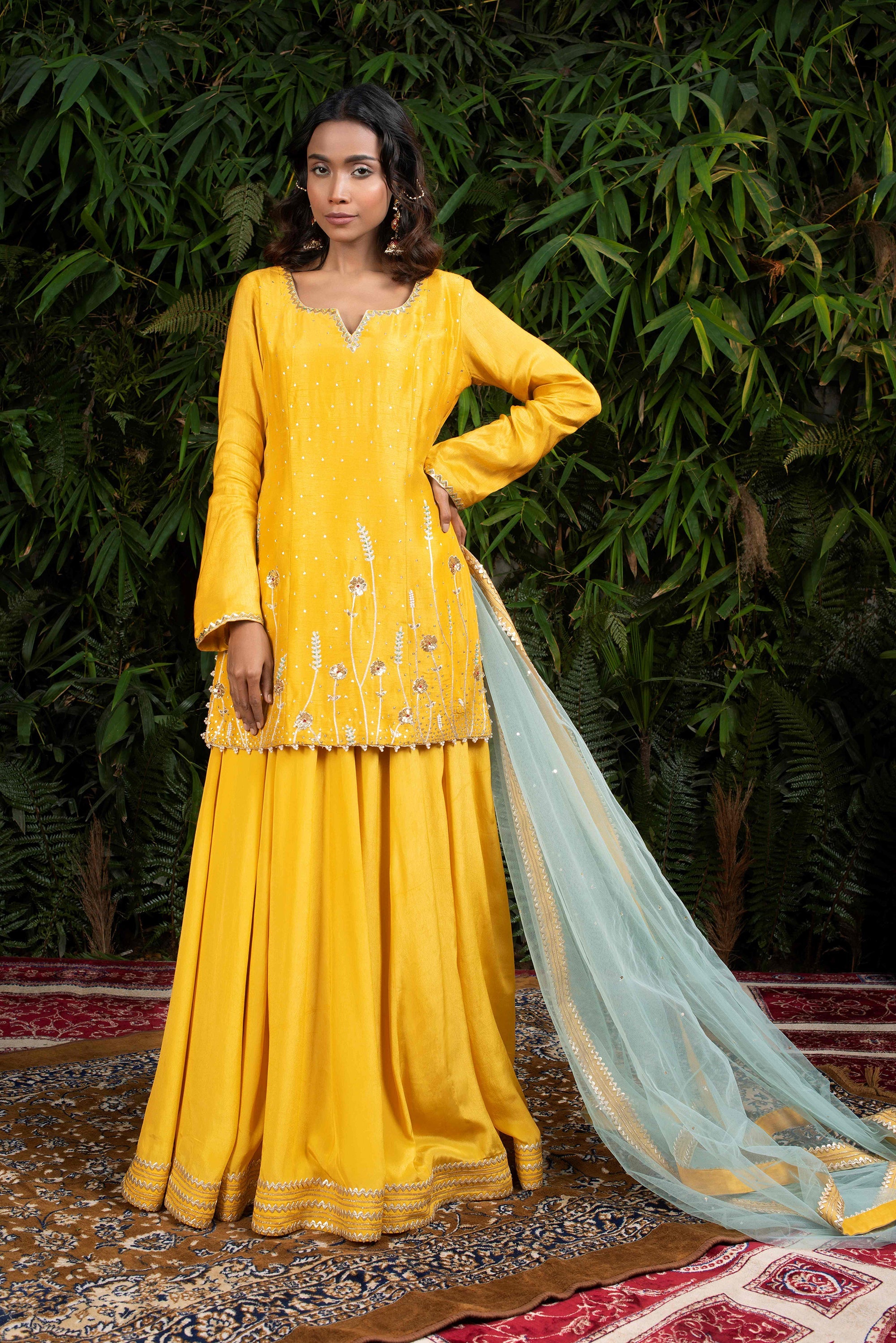 Yellow Raw Silk Kurti Sharara Set.