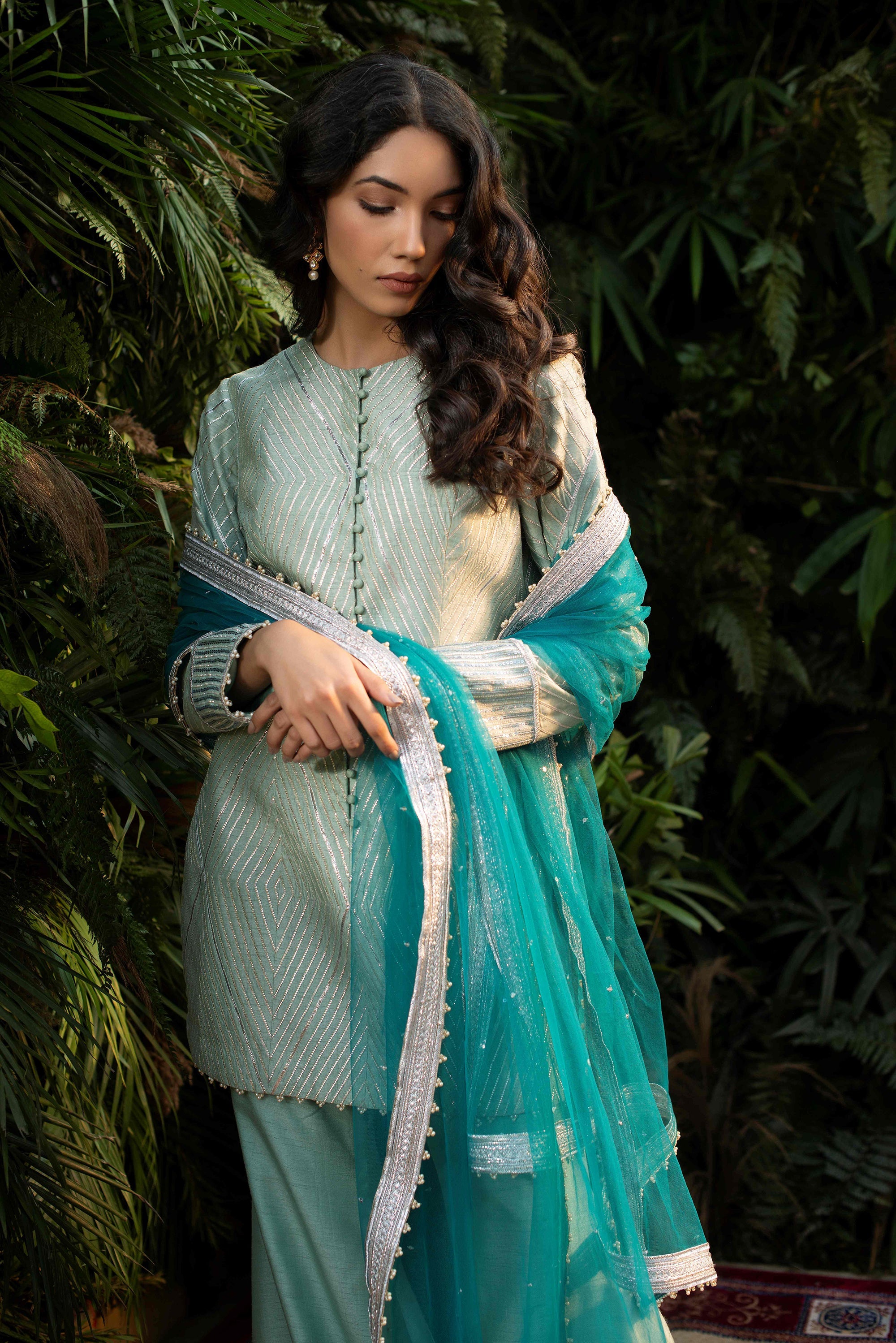 Ice Blue Raw Silk Kurta With Culottes Pant Set