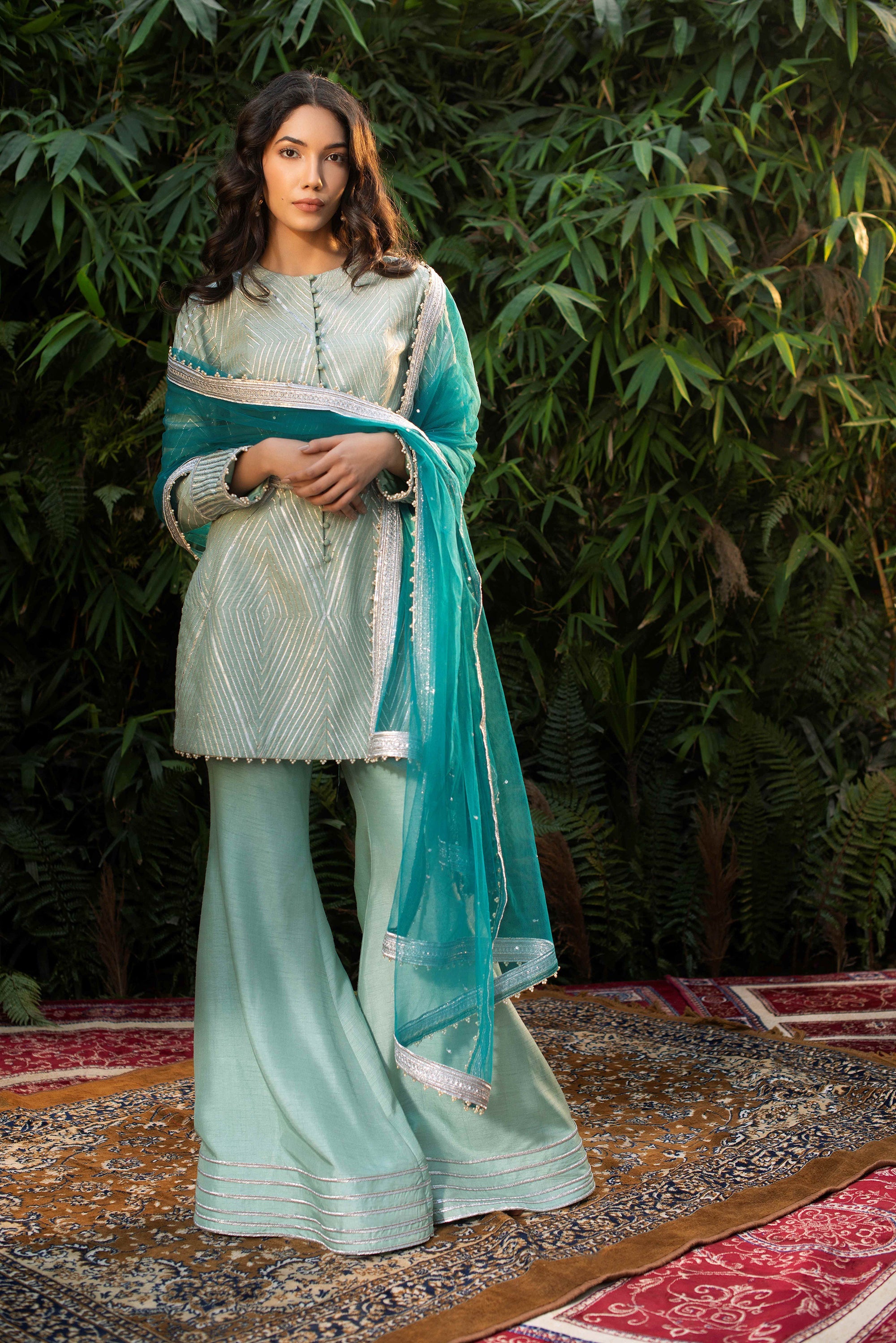 Ice Blue Raw Silk Kurta With Culottes Pant Set