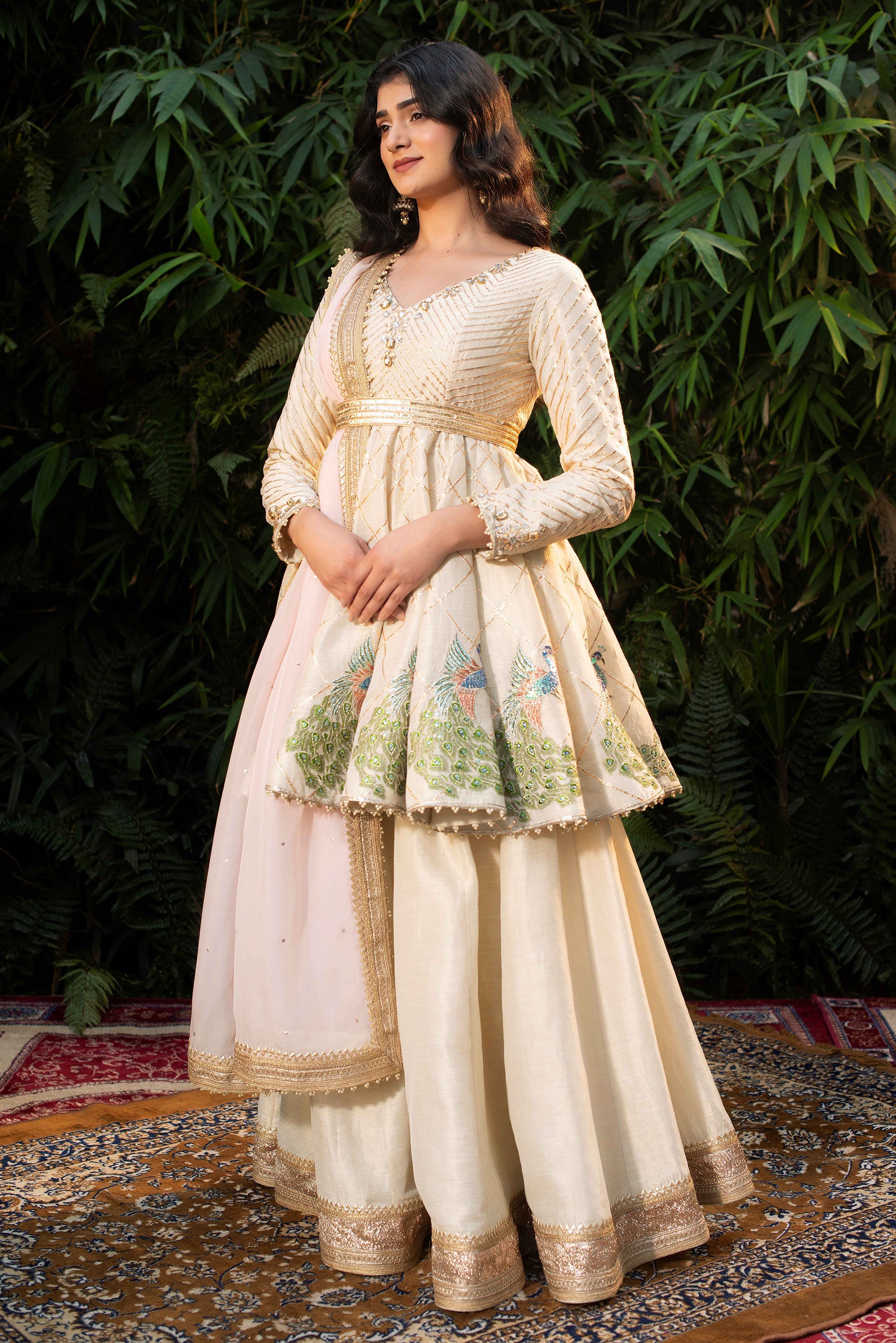 Ivory Kasab Silk Short Anarkali  Sharara Set