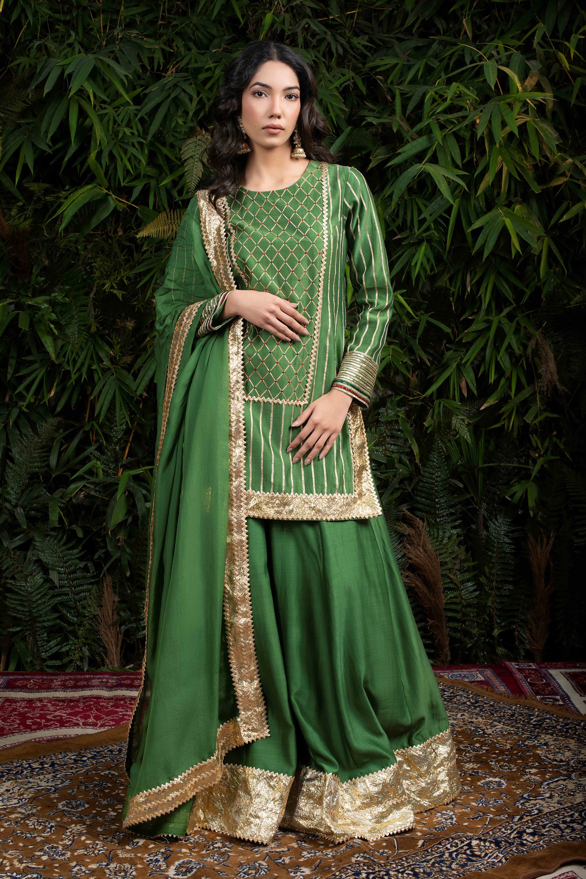 Forest Green Silk Chanderi Kurti Sharara Set.