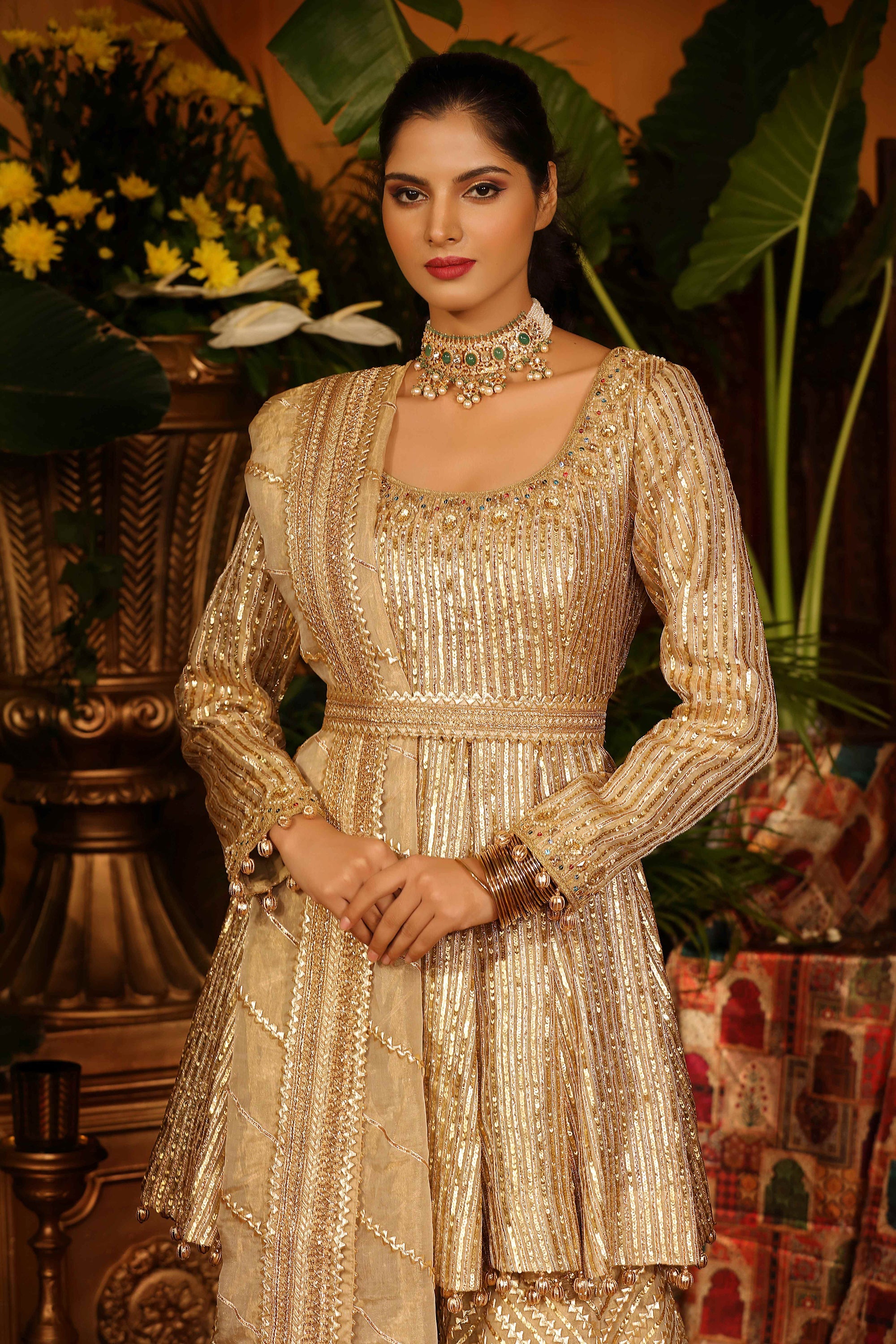 Gold Silk Tissue Peplum Gharara Set