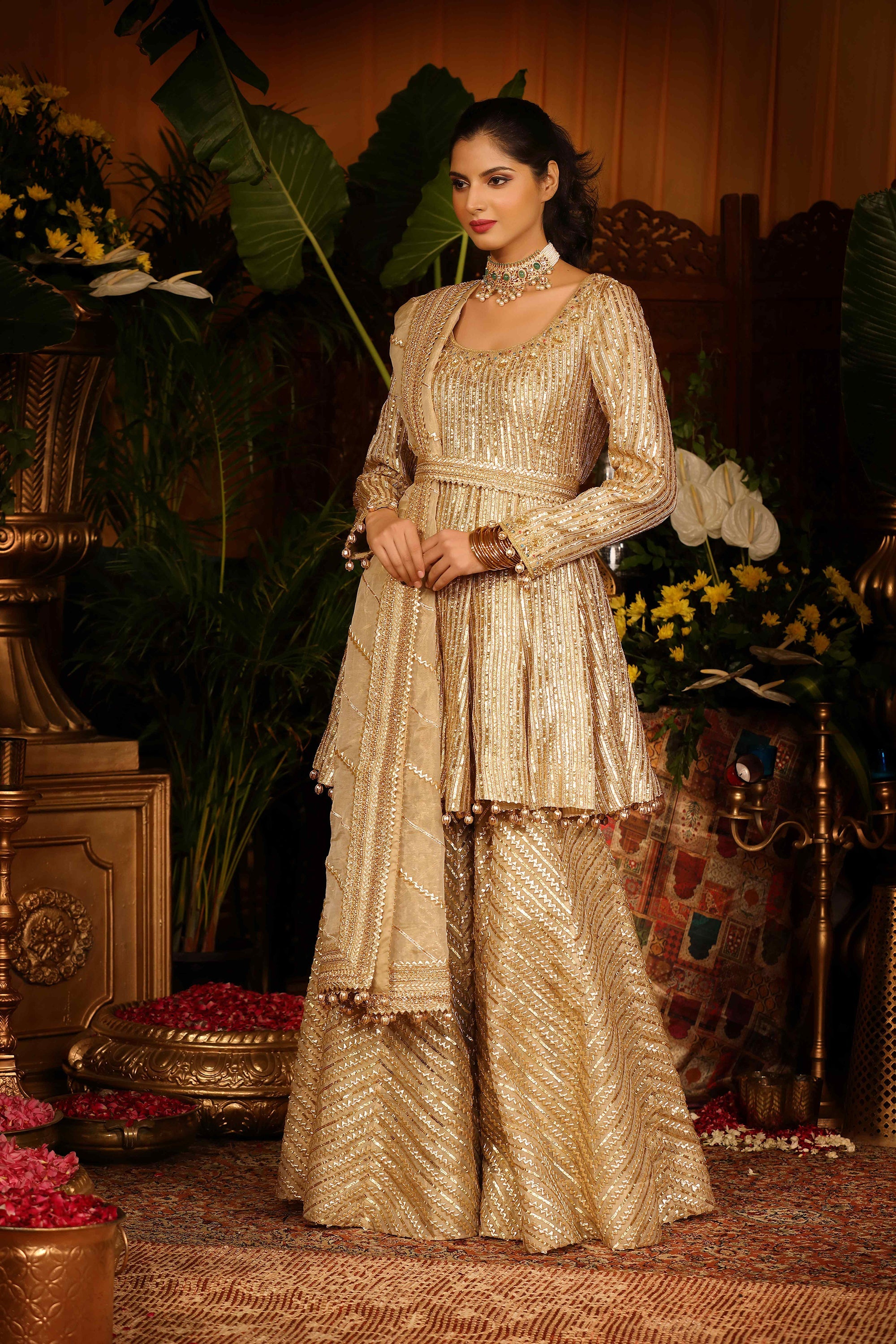 Gold Silk Tissue Peplum Gharara Set