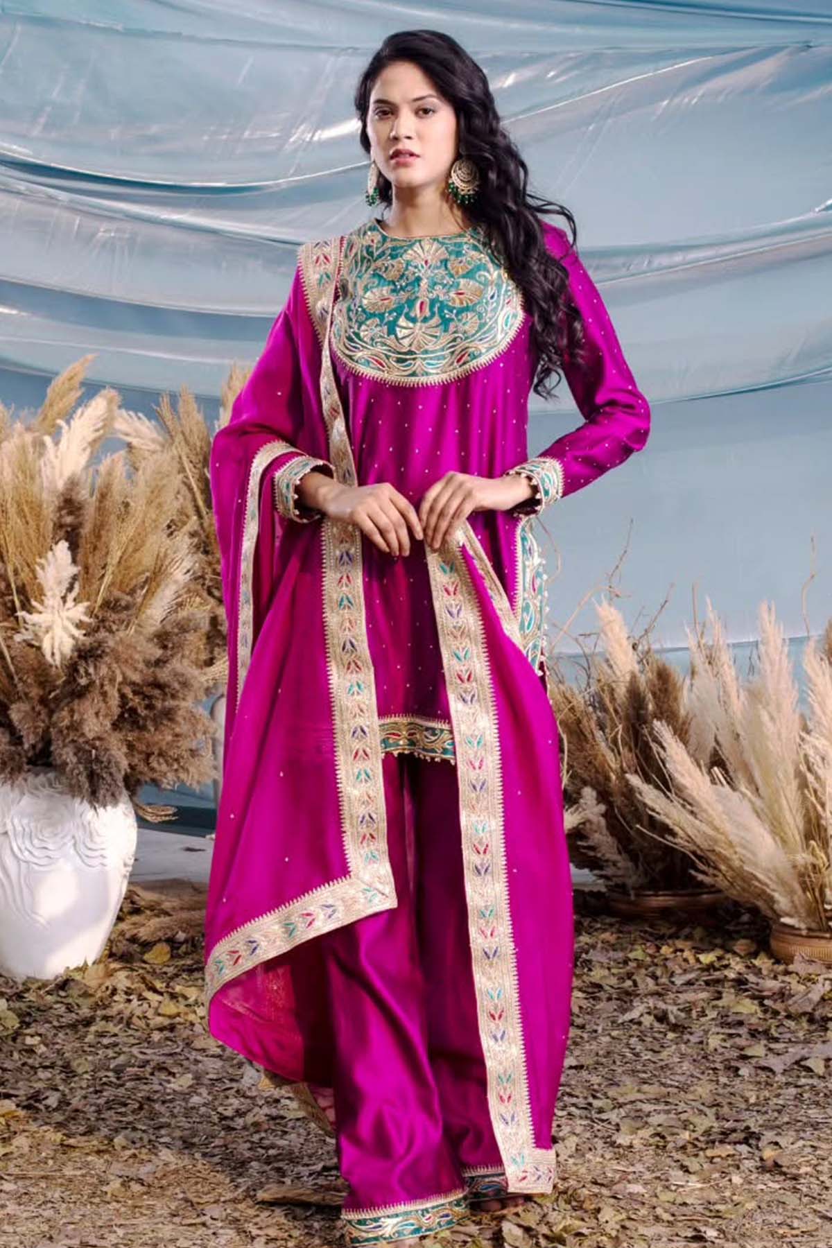 our exquisite Ruby Chanderi Kurti and pants set